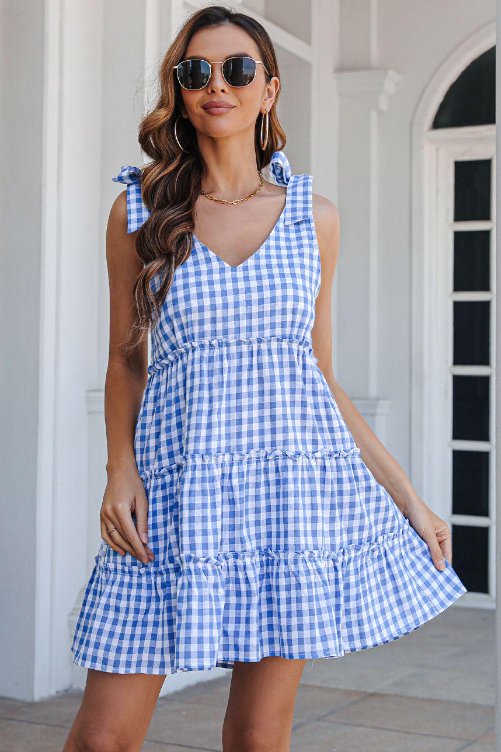 Plaid Tie Shoulder Frill Trim Tiered Mini Dress BLUE ZONE PLANET