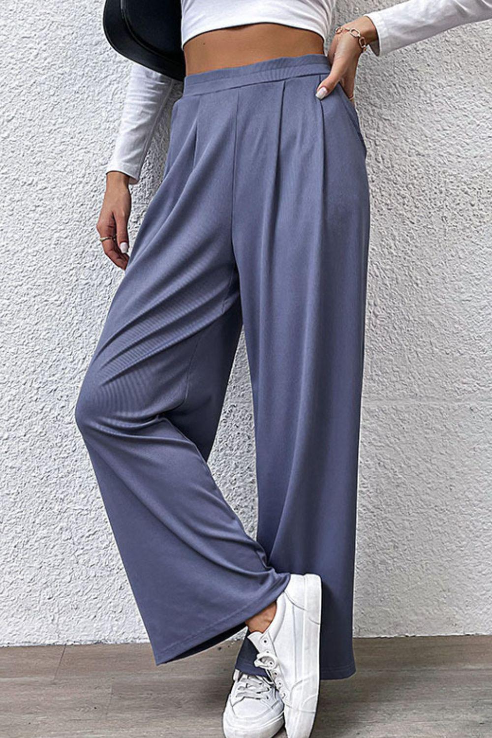Pleated Detail Wide-Leg Pants with Pockets BLUE ZONE PLANET
