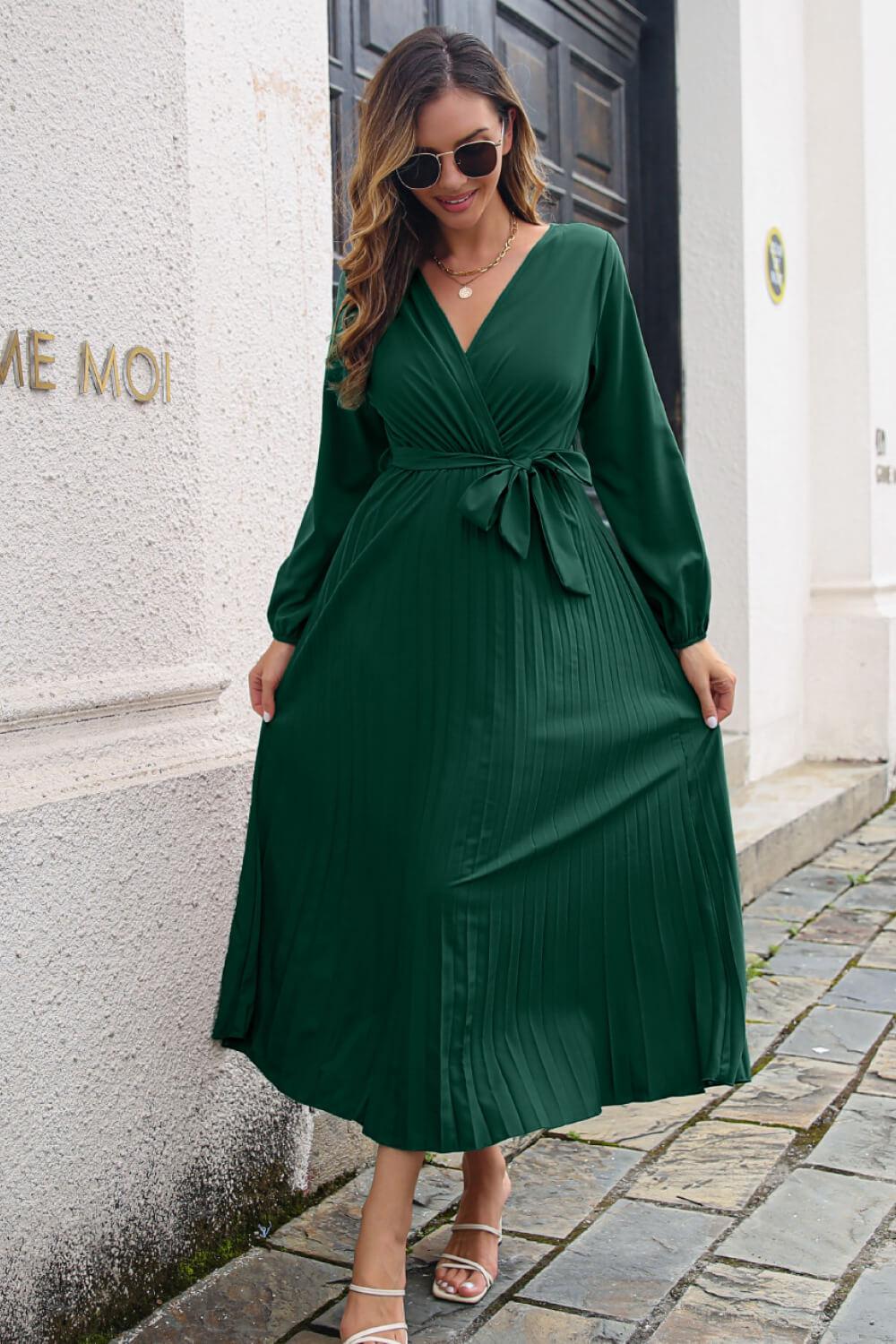 Pleated Long Sleeve Surplice Maxi Dress BLUE ZONE PLANET