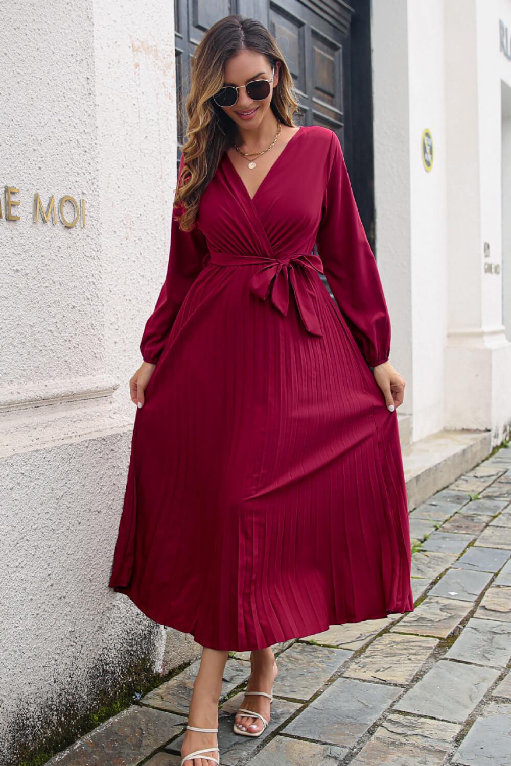 Pleated Long Sleeve Surplice Maxi Dress BLUE ZONE PLANET