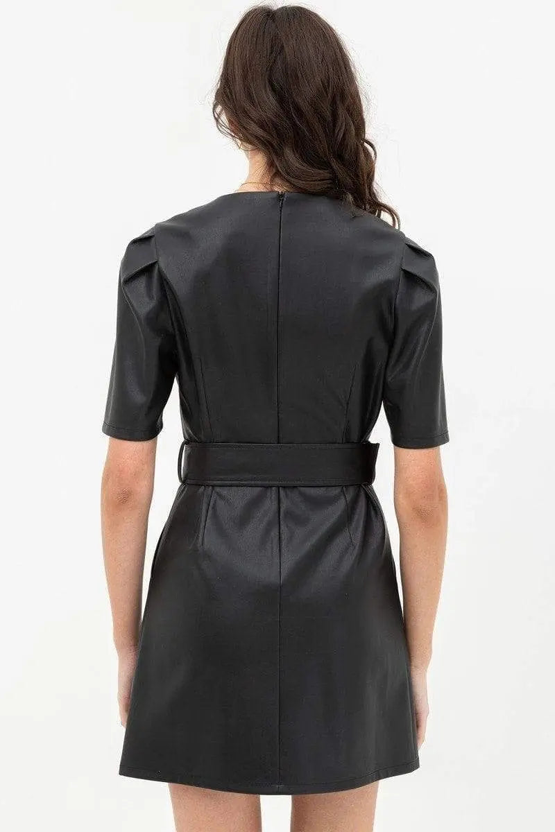 Pleather Dress With Belt Buckle Across Waist. Short Sleeve With V Neckline Blue Zone Planet