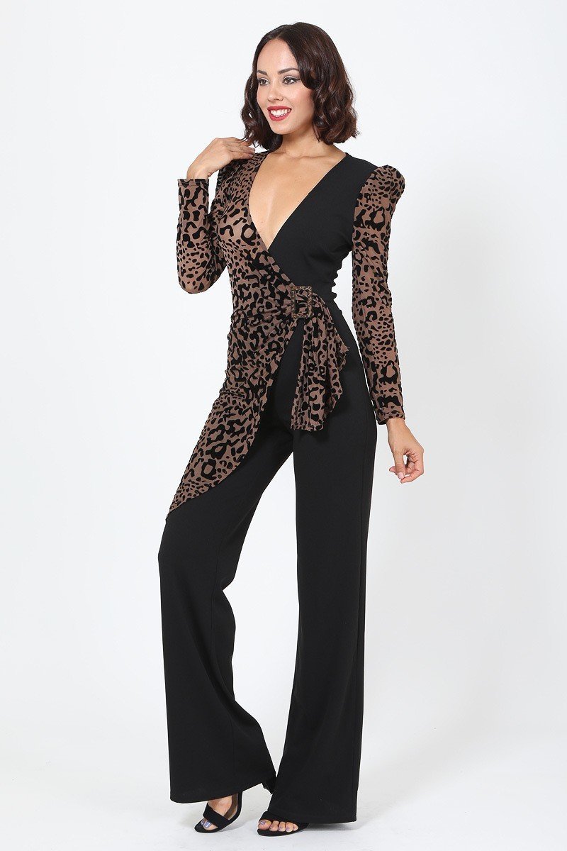 Plunging V Buckle Detail Leopard Jumpsuit Blue Zone Planet