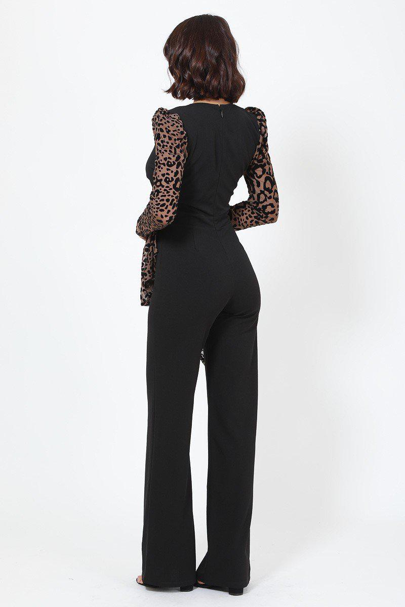 Plunging V Buckle Detail Leopard Jumpsuit Blue Zone Planet