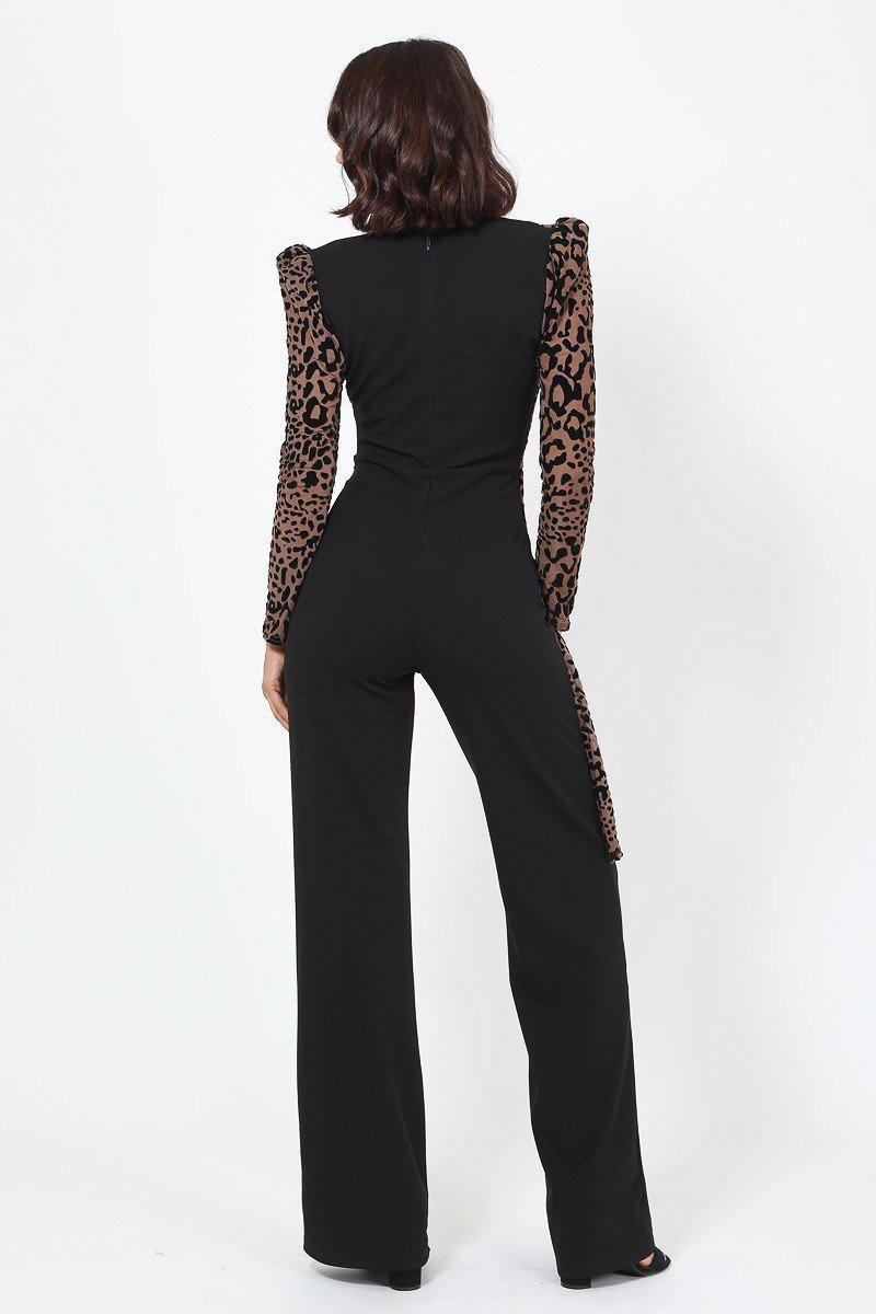 Plunging V Buckle Detail Leopard Jumpsuit Blue Zone Planet