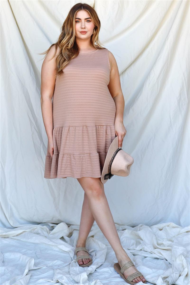 Plus Apricot Textured Ruffle Hem Open Back With Self-tie Detail Mini Dress Blue Zone Planet