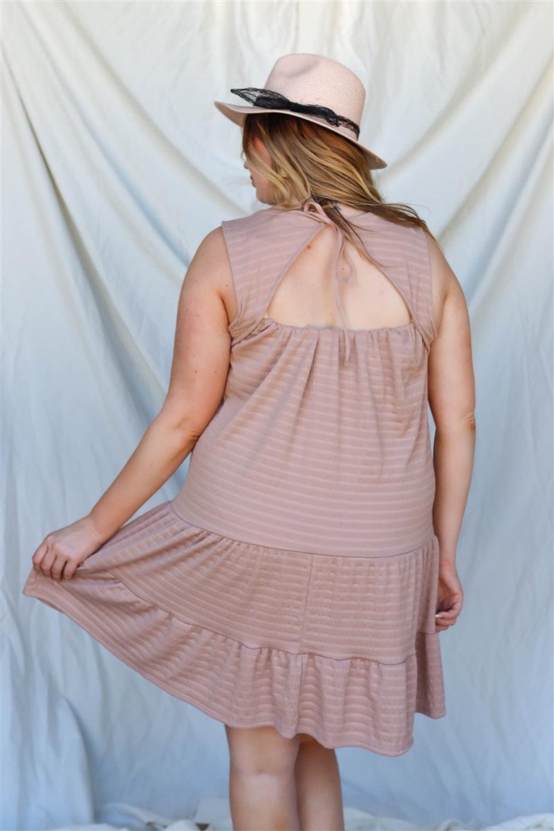 Plus Apricot Textured Ruffle Hem Open Back With Self-tie Detail Mini Dress Blue Zone Planet