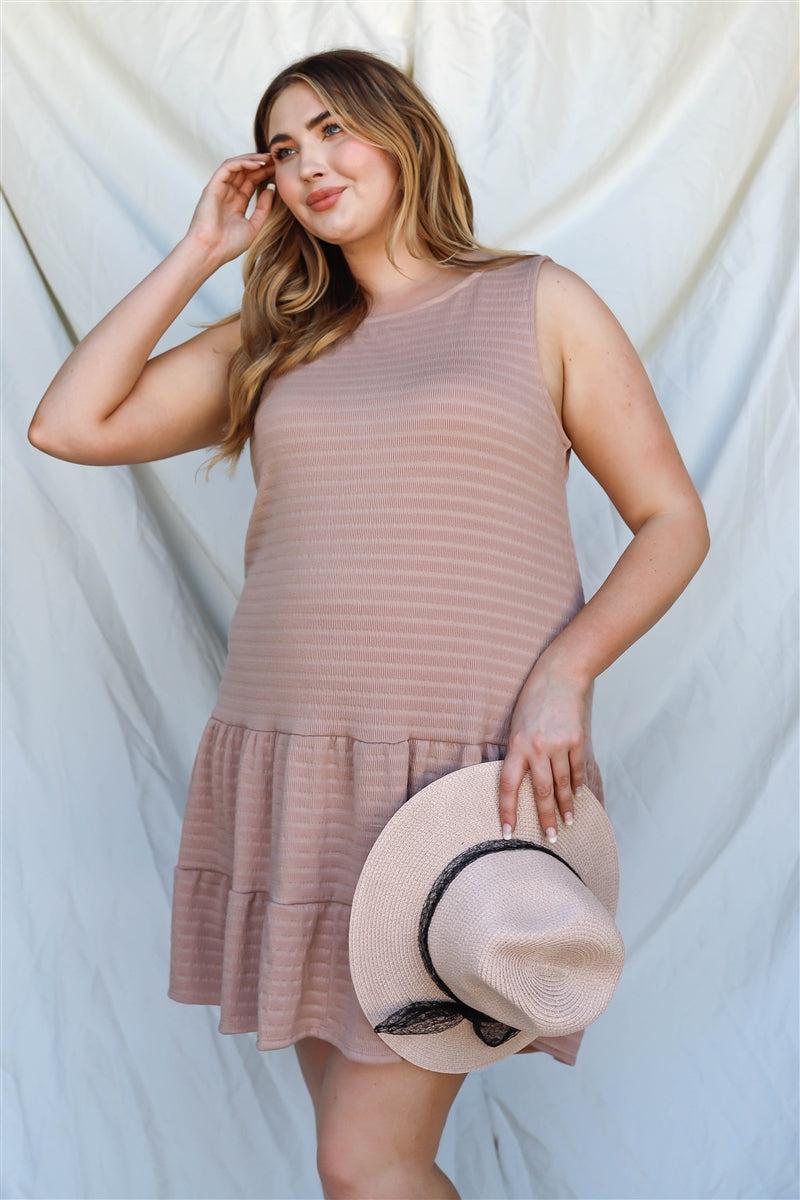 Plus Apricot Textured Ruffle Hem Open Back With Self-tie Detail Mini Dress Blue Zone Planet