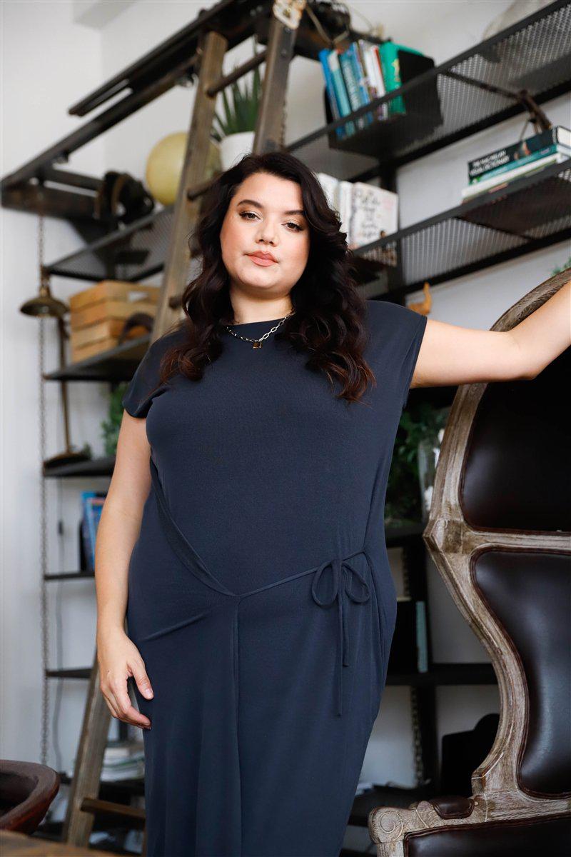 Plus Black Ribbed Front Wrap Lace Tie Detail Midi Dress Blue Zone Planet