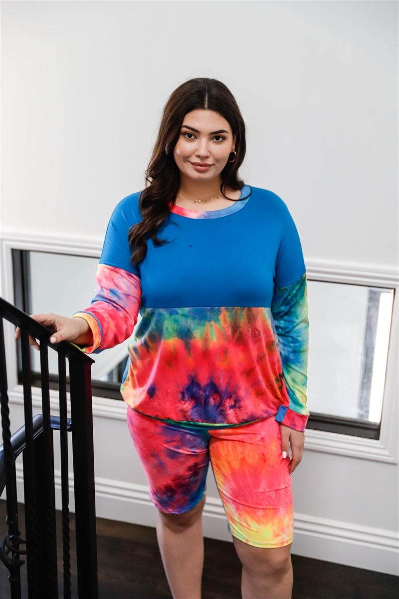 Plus Blue Neon Rainbow Tie-dye Colorblock Long Sleeve Top & Biker Shorts Set Blue Zone Planet