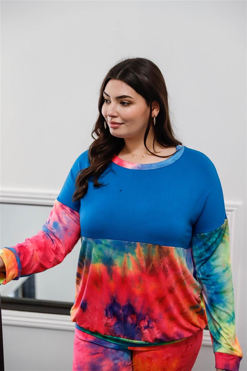 Plus Blue Neon Rainbow Tie-dye Colorblock Long Sleeve Top & Biker Shorts Set Blue Zone Planet
