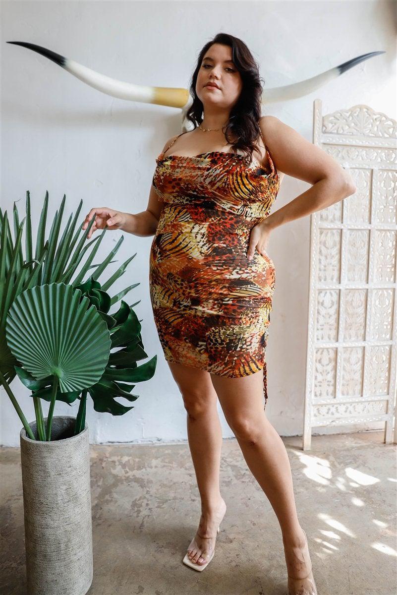 Plus Brown Fall Colors Pattern Drawstring Ruched Slip Mini Dress Blue Zone Planet