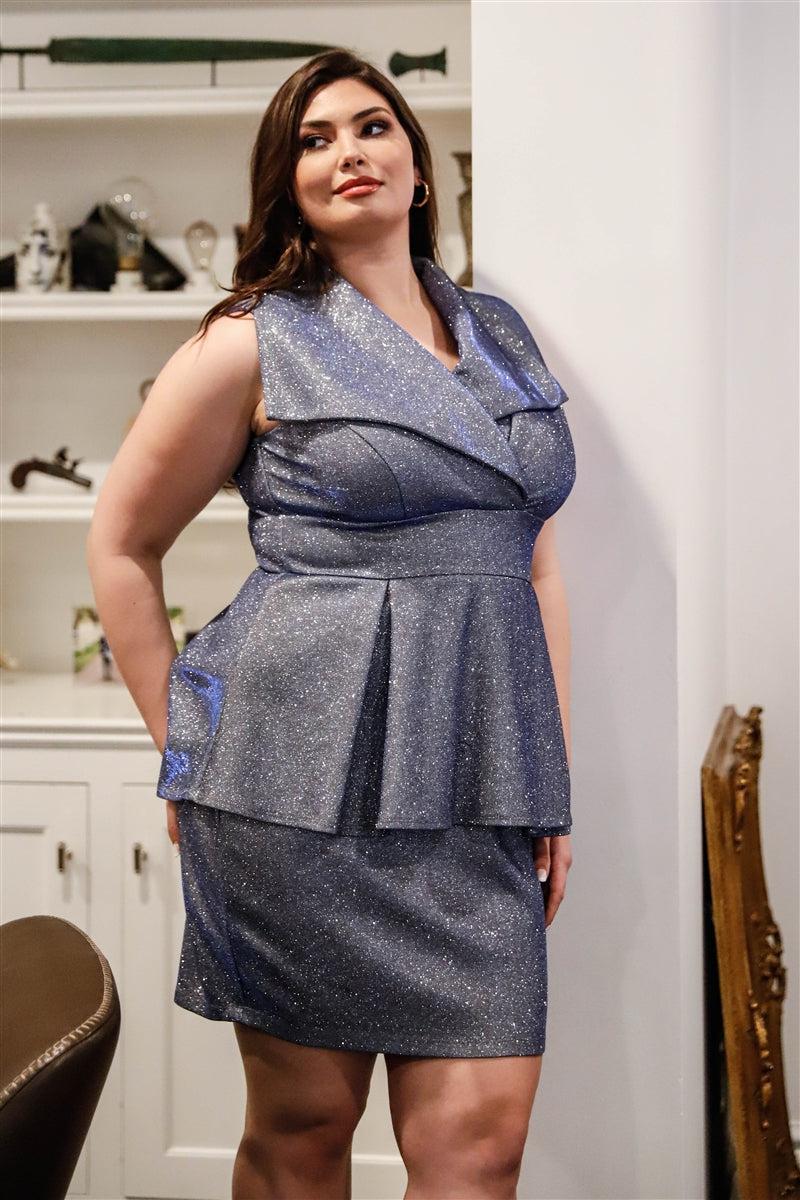 Plus Glitter Collared Peplum Mini Dress Blue Zone Planet