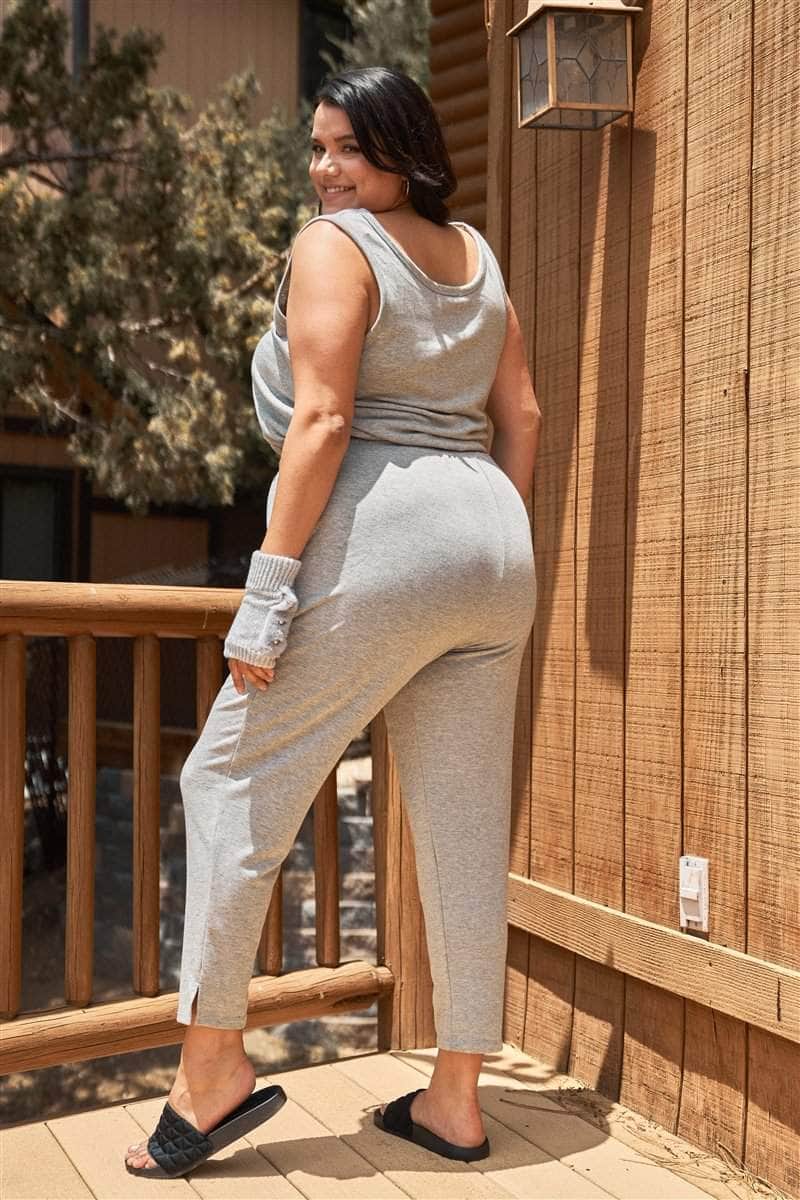 Plus Heather-grey Round Neck Sleeveless Tie Waist Jumpsuit Blue Zone Planet