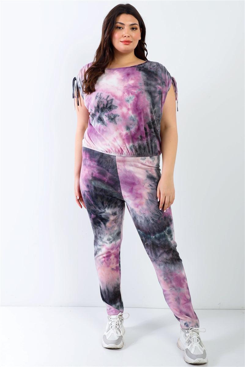 Plus Purple & Black Tie-dye Ruched Shoulder Detail Top & Pants Set Blue Zone Planet