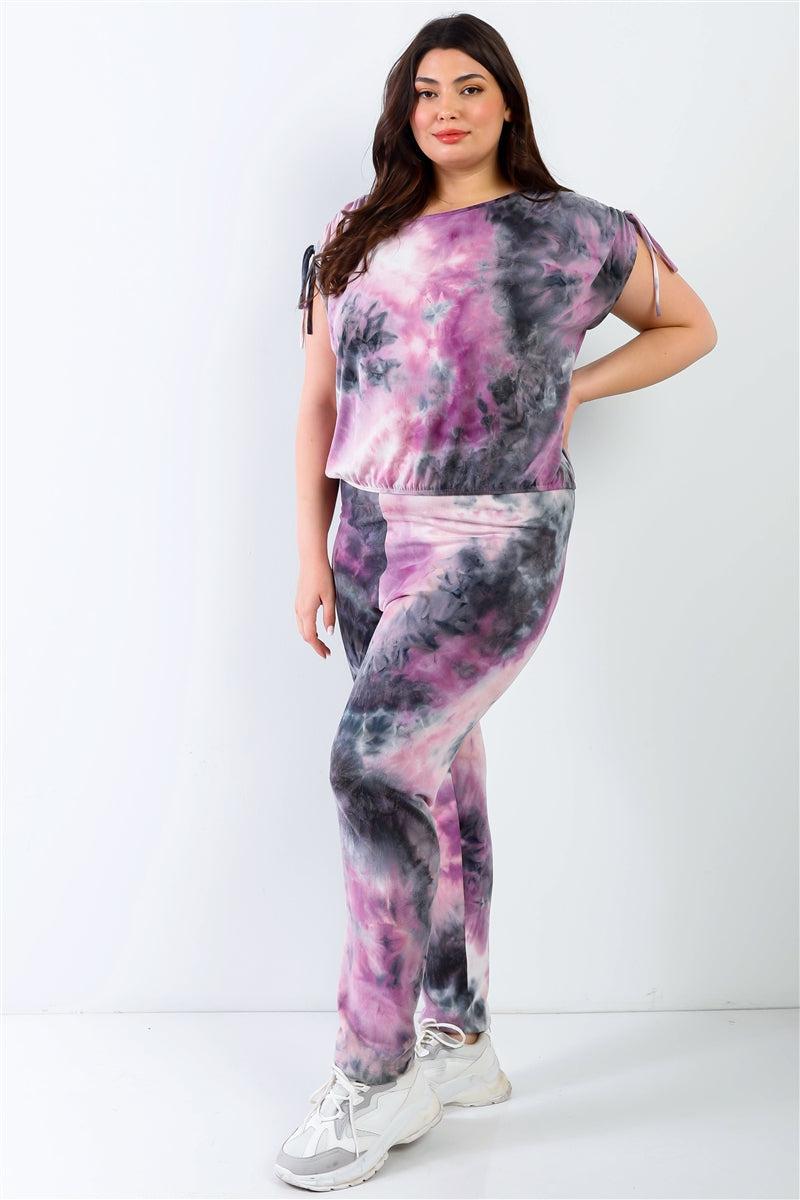 Plus Purple & Black Tie-dye Ruched Shoulder Detail Top & Pants Set Blue Zone Planet