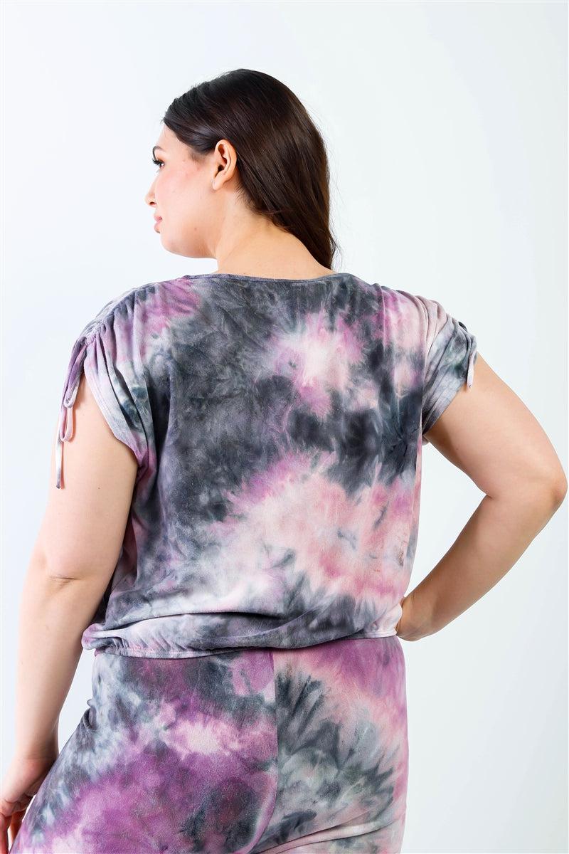 Plus Purple & Black Tie-dye Ruched Shoulder Detail Top & Pants Set Blue Zone Planet