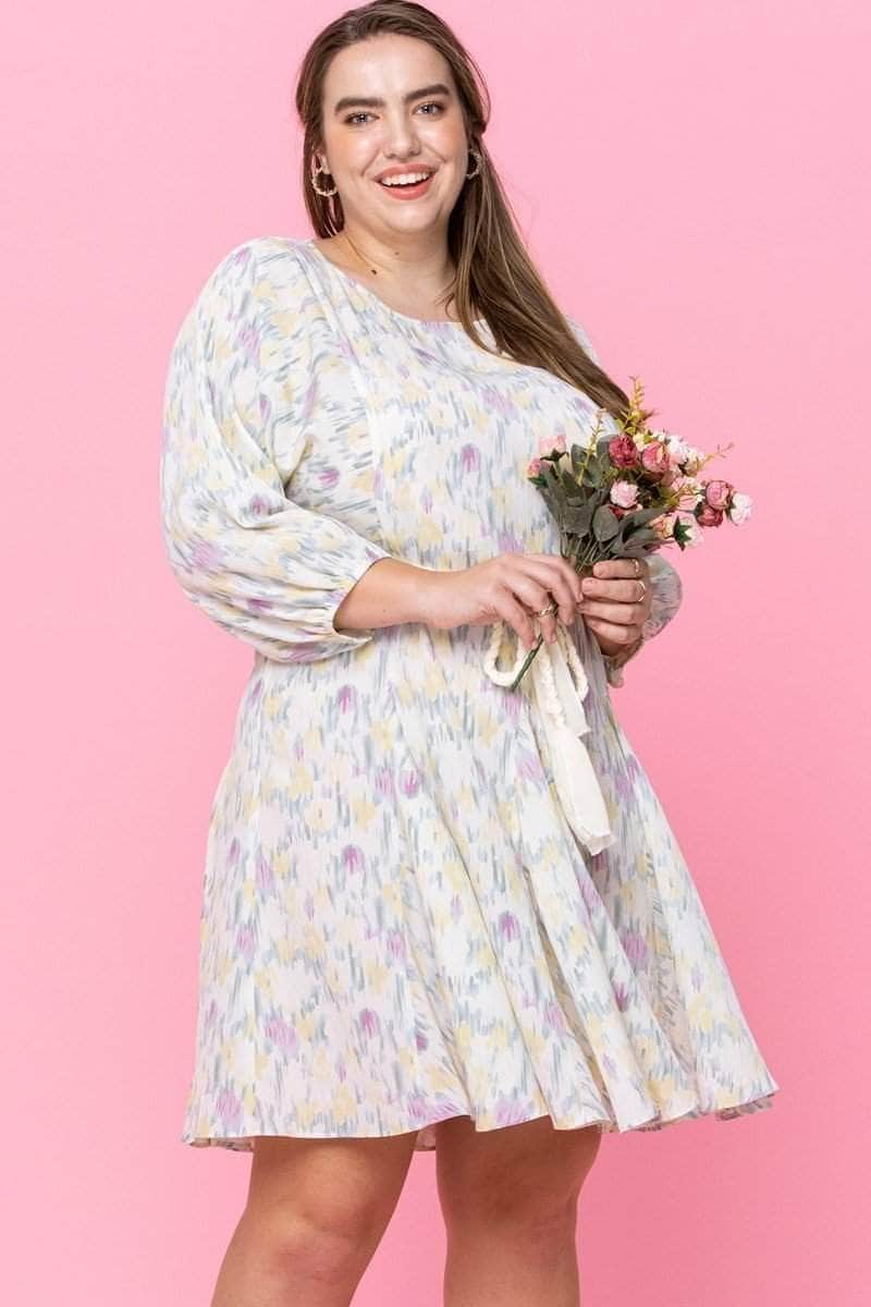 Plus Size Abstract Printed Mini Swing Woven Dress Blue Zone Planet