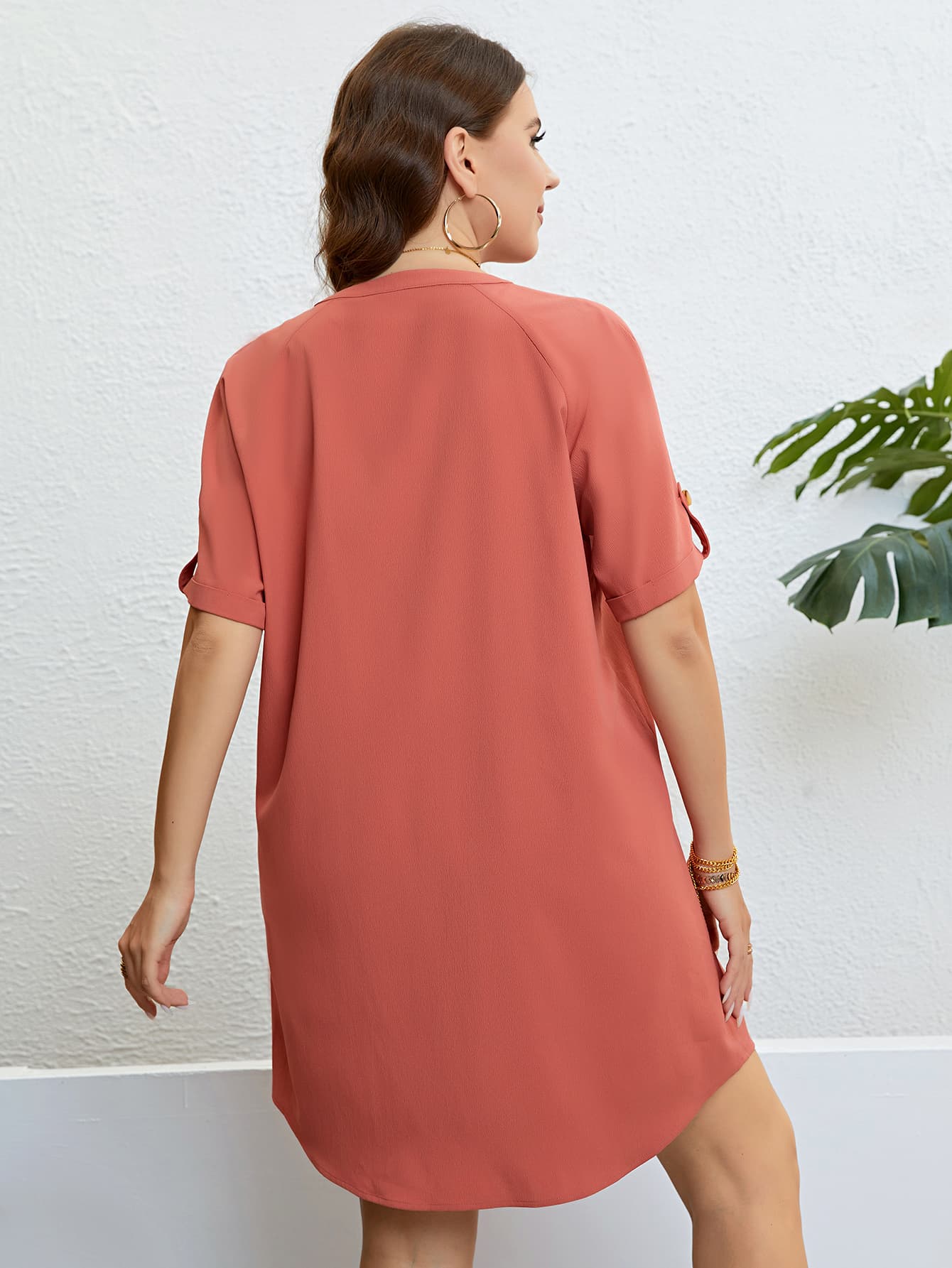 Plus Size Buttoned Notched Neck Shift Dress BLUE ZONE PLANET
