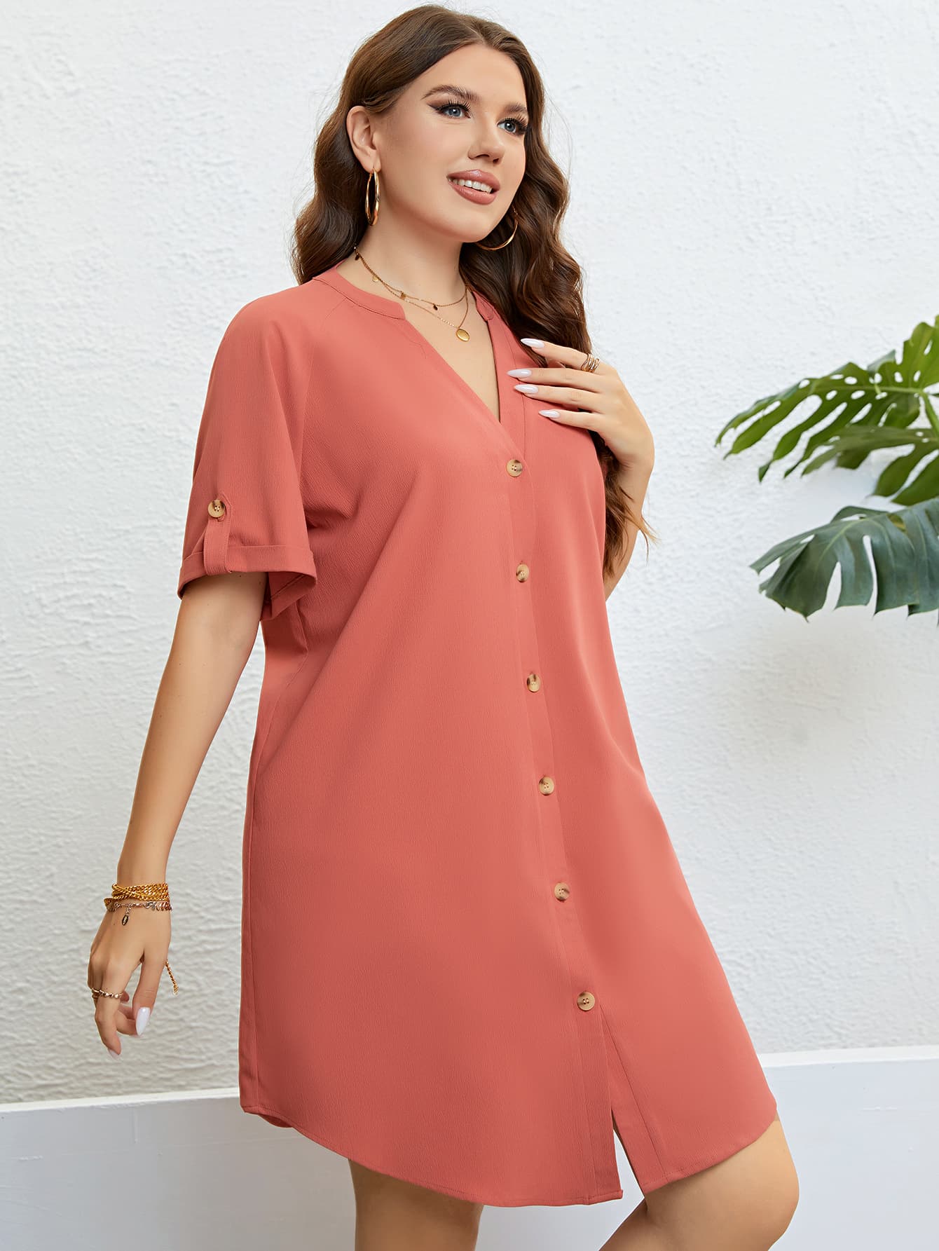 Plus Size Buttoned Notched Neck Shift Dress BLUE ZONE PLANET