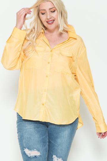 Plus Size Chest Pocket Oversized Satin Shirt Blue Zone Planet