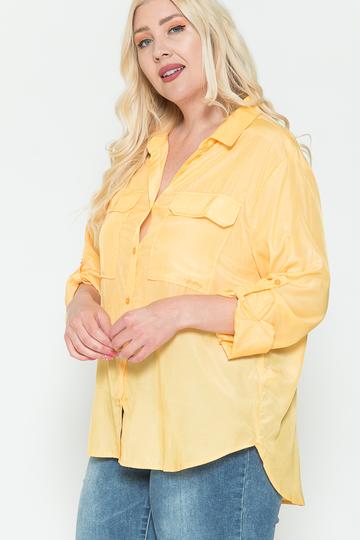 Plus Size Chest Pocket Oversized Satin Shirt Blue Zone Planet