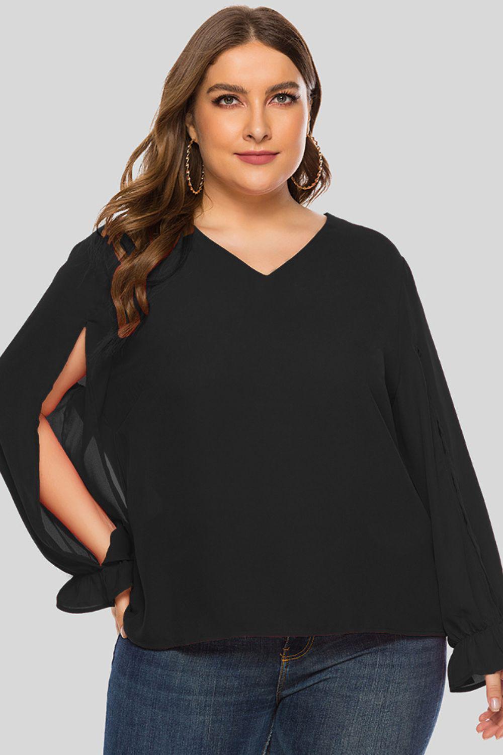 Plus Size Cutout Flounce Sleeve Blouse BLUE ZONE PLANET