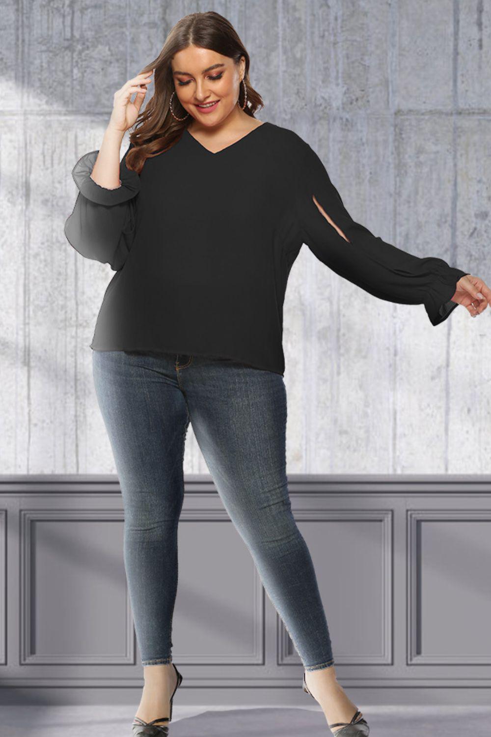 Plus Size Cutout Flounce Sleeve Blouse BLUE ZONE PLANET