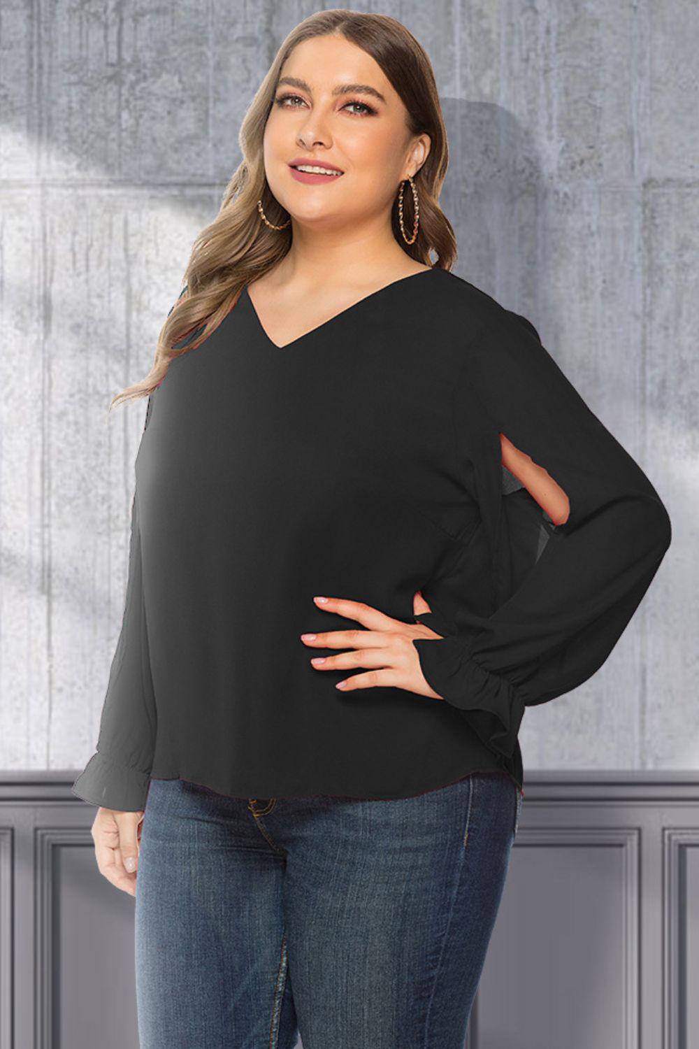 Plus Size Cutout Flounce Sleeve Blouse BLUE ZONE PLANET