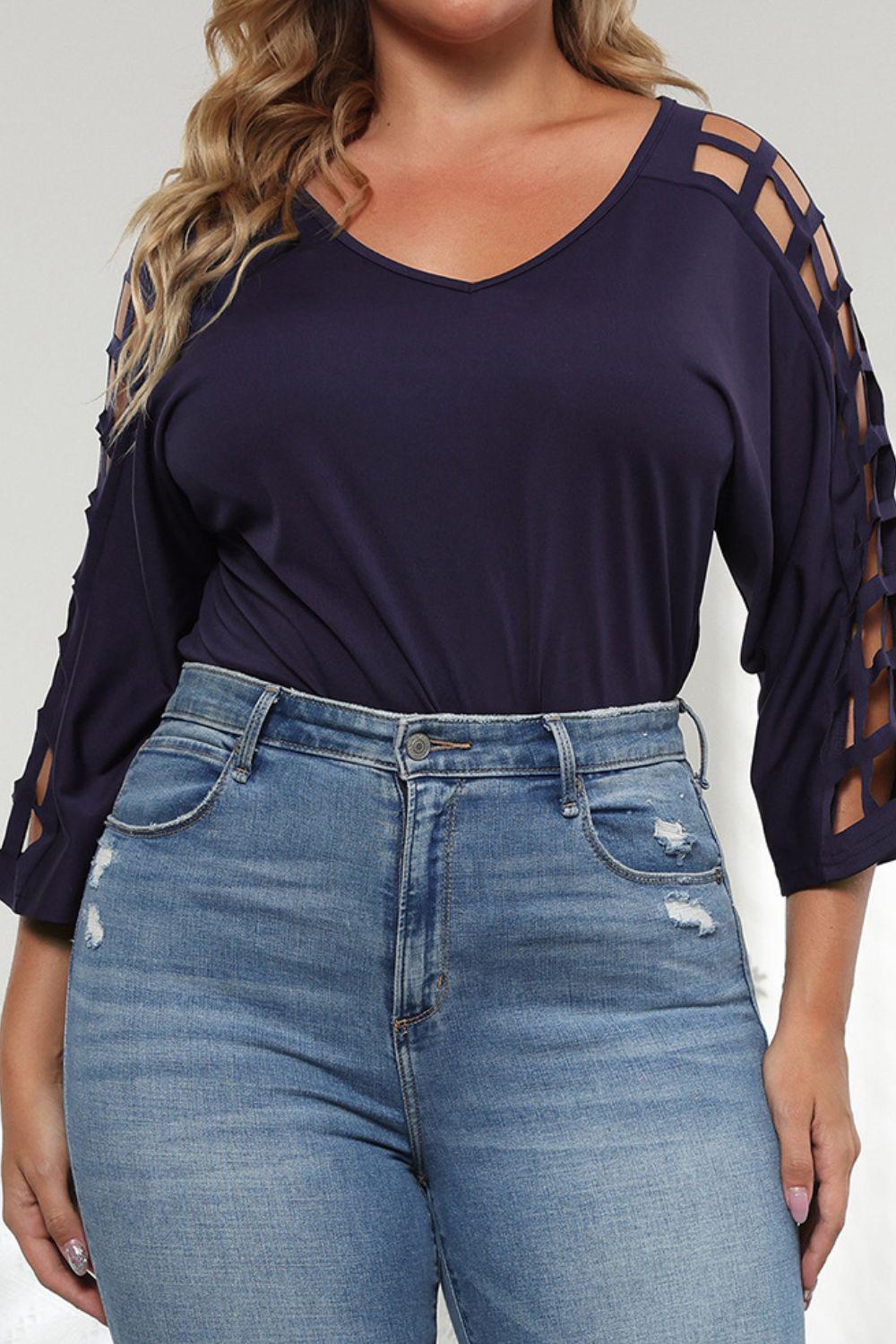 Plus Size Cutout Three-Quarter Sleeve Blouse BLUE ZONE PLANET