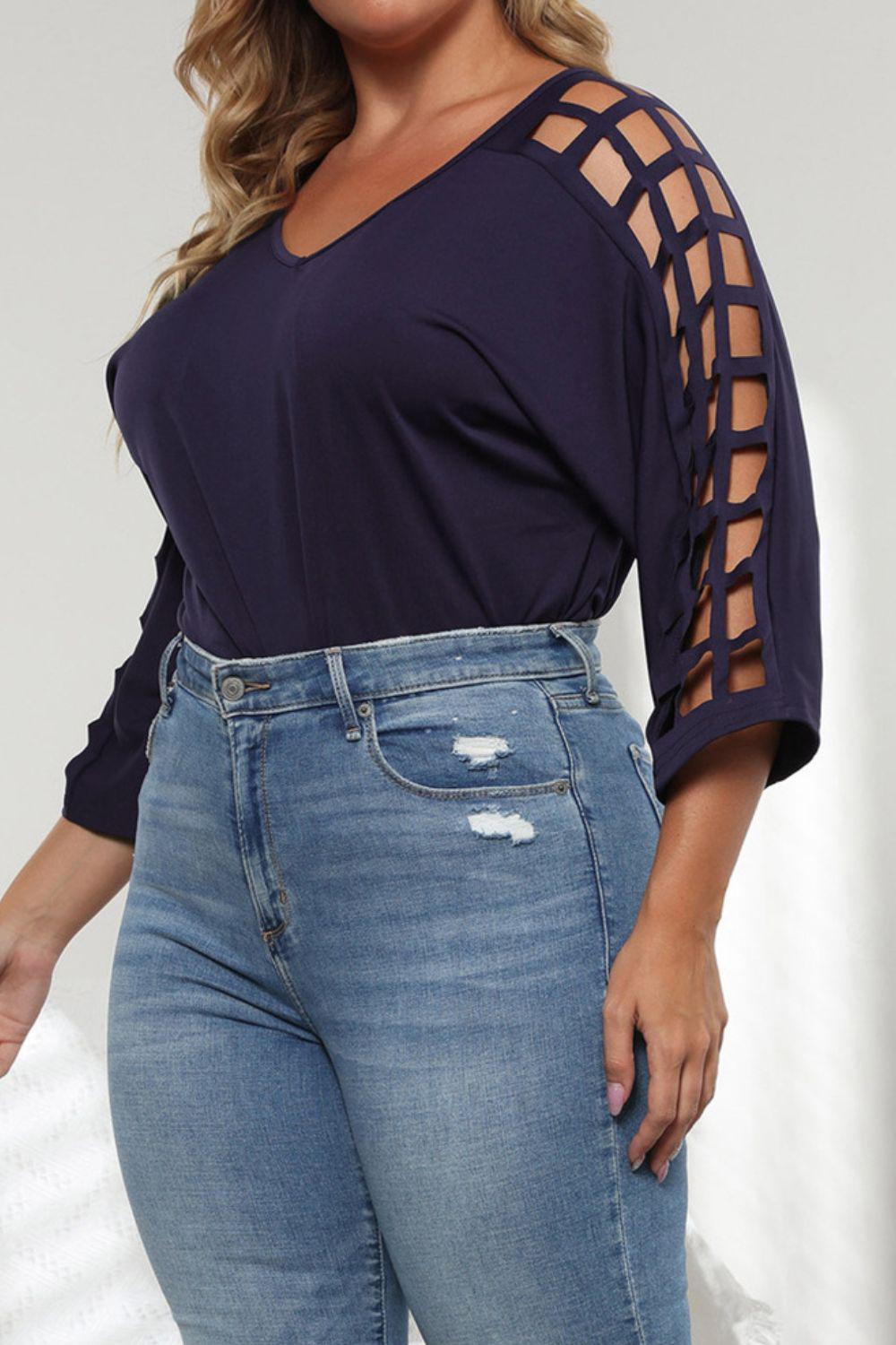 Plus Size Cutout Three-Quarter Sleeve Blouse BLUE ZONE PLANET
