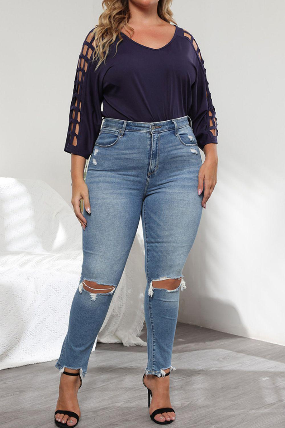 Plus Size Cutout Three-Quarter Sleeve Blouse BLUE ZONE PLANET