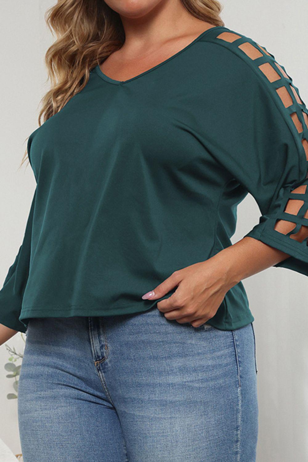 Plus Size Cutout Three-Quarter Sleeve Blouse BLUE ZONE PLANET