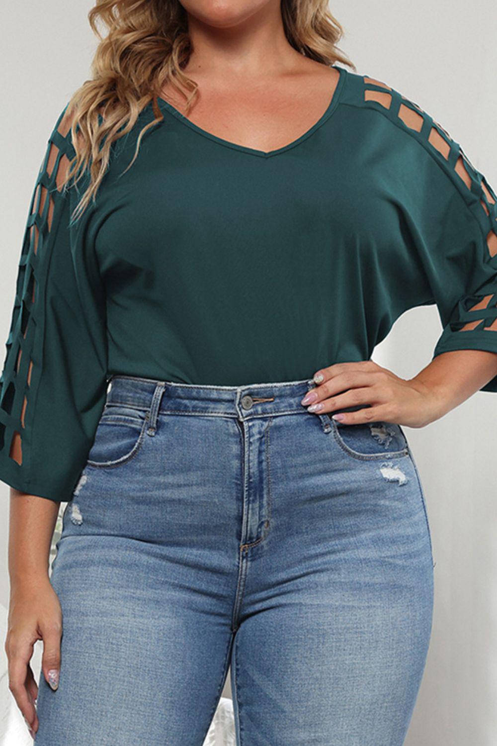 Plus Size Cutout Three-Quarter Sleeve Blouse BLUE ZONE PLANET