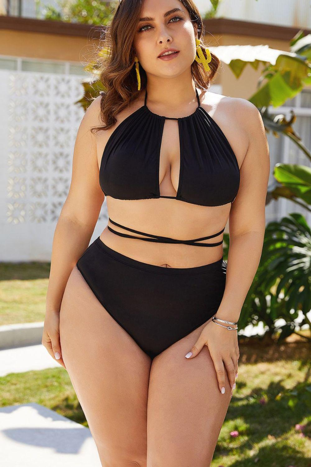 Plus Size Cutout Tied Backless Bikini Set BLUE ZONE PLANET