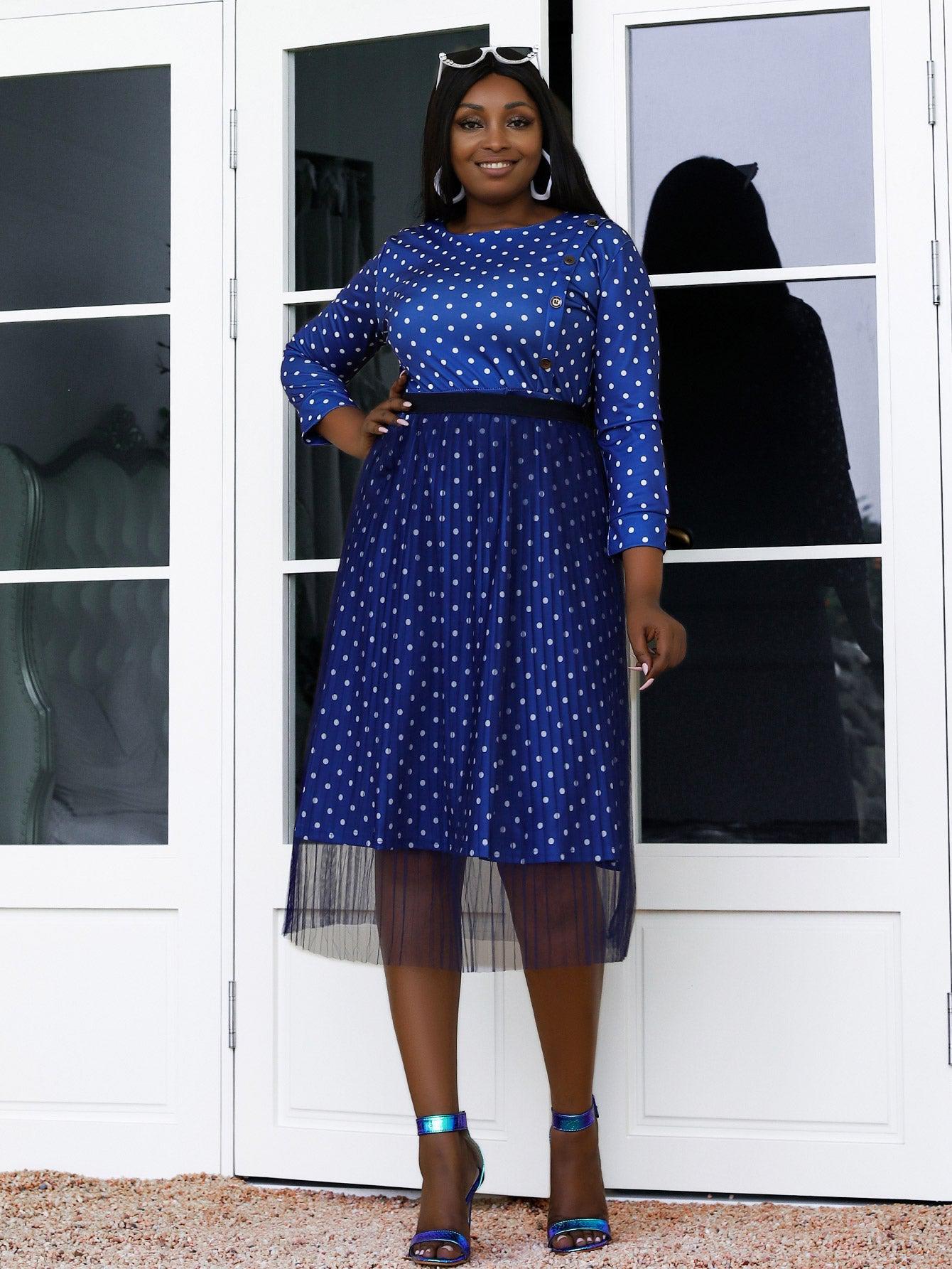 Plus Size Decorative Button Polka Dot Dress and Tulle Skirt Set BLUE ZONE PLANET