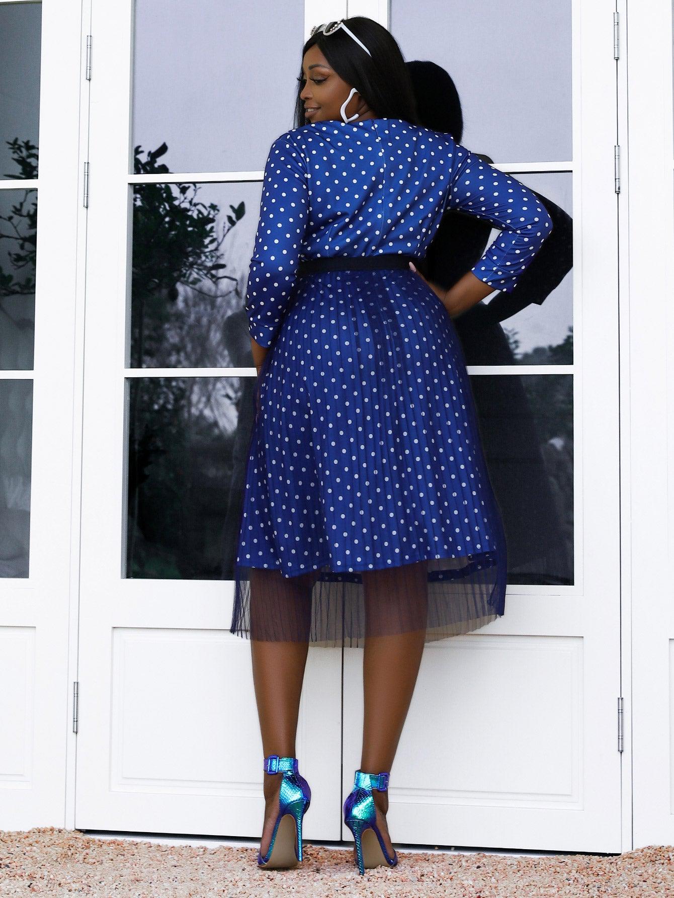 Plus Size Decorative Button Polka Dot Dress and Tulle Skirt Set BLUE ZONE PLANET
