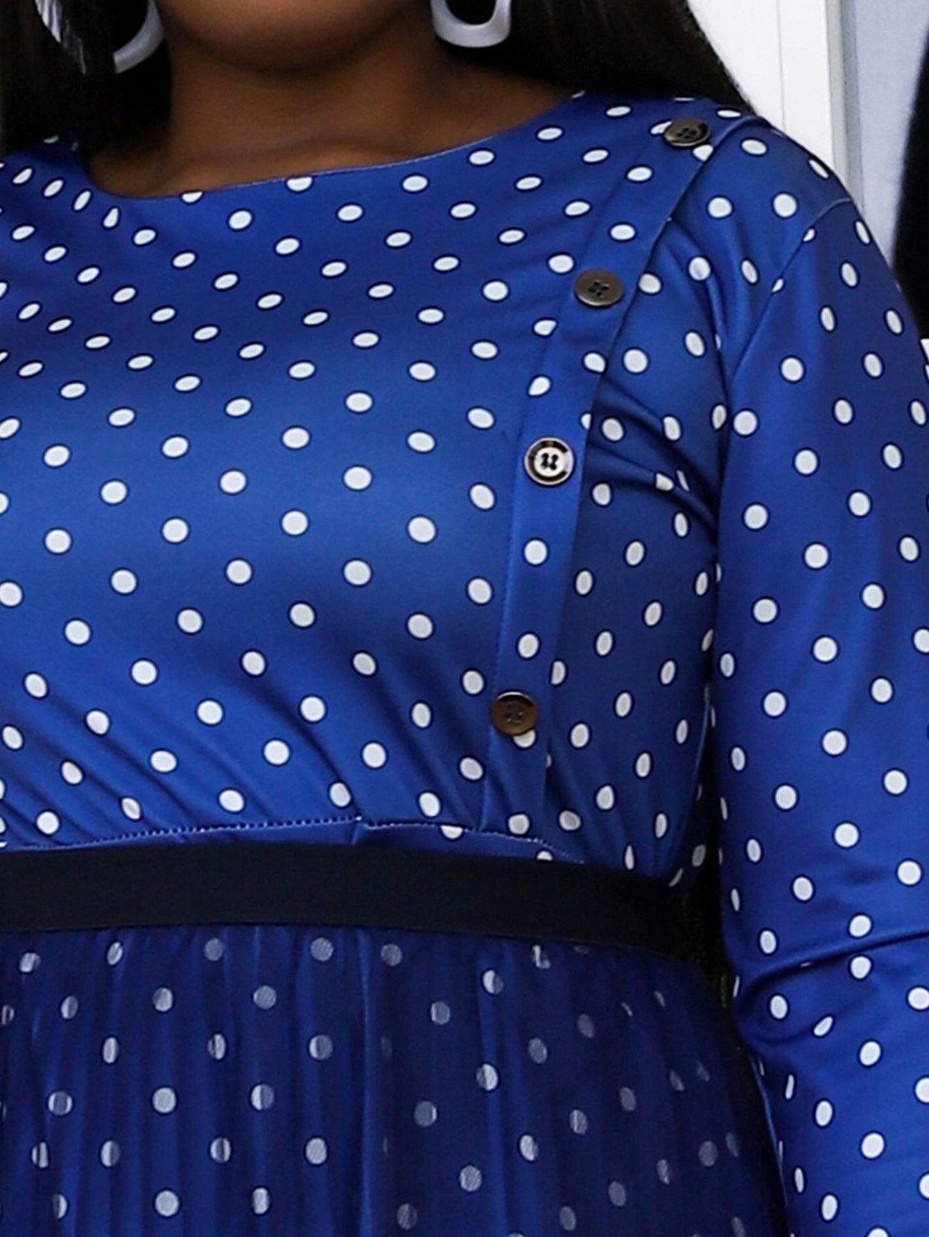 Plus Size Decorative Button Polka Dot Dress and Tulle Skirt Set BLUE ZONE PLANET