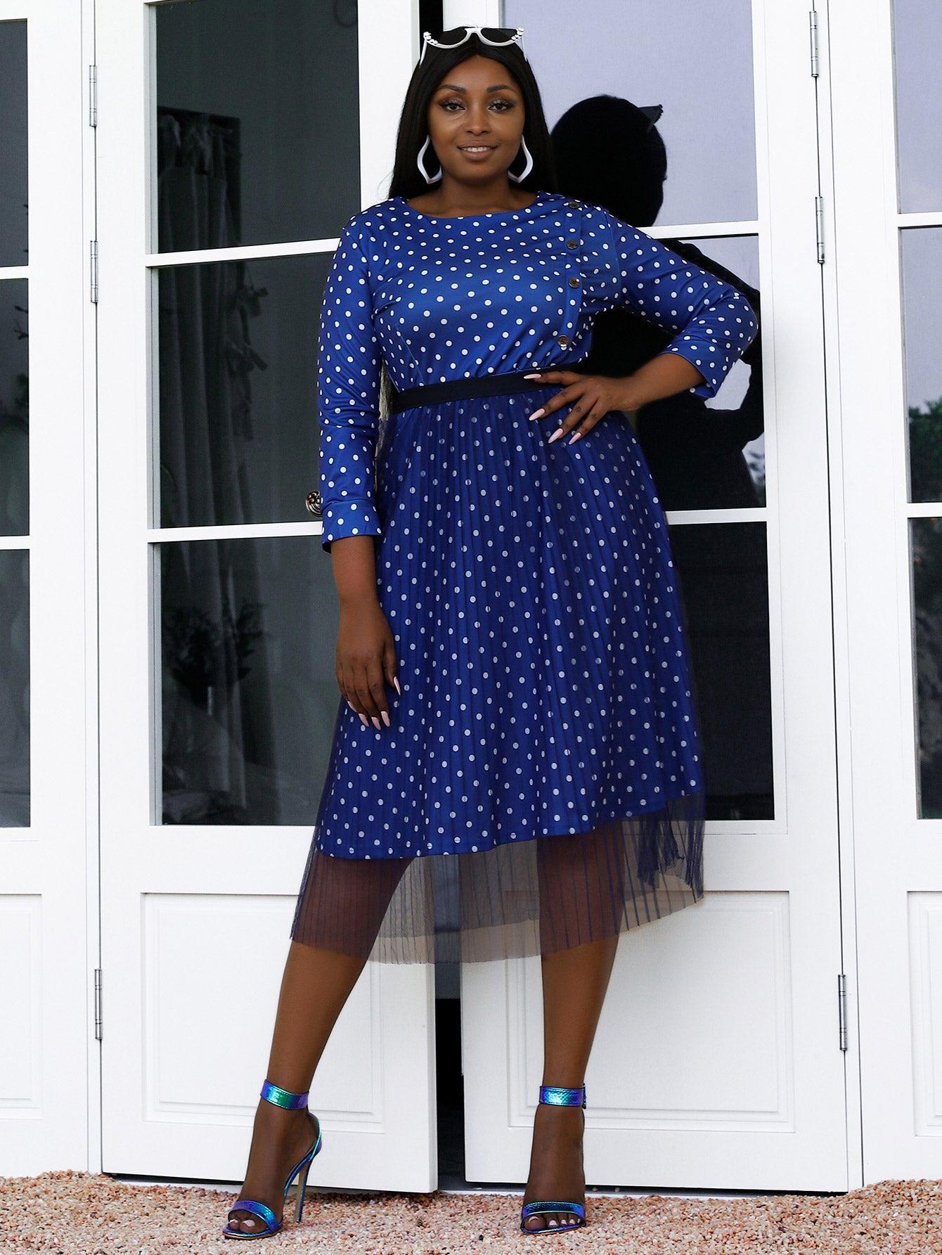 Plus Size Decorative Button Polka Dot Dress and Tulle Skirt Set BLUE ZONE PLANET