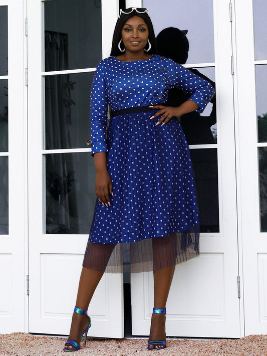 Plus Size Decorative Button Polka Dot Dress and Tulle Skirt Set BLUE ZONE PLANET
