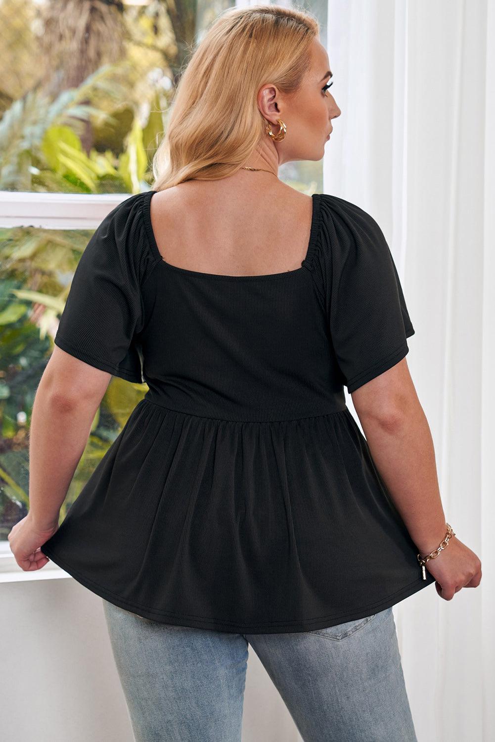Plus Size Drawstring Sweetheart Neck Babydoll Blouse BLUE ZONE PLANET