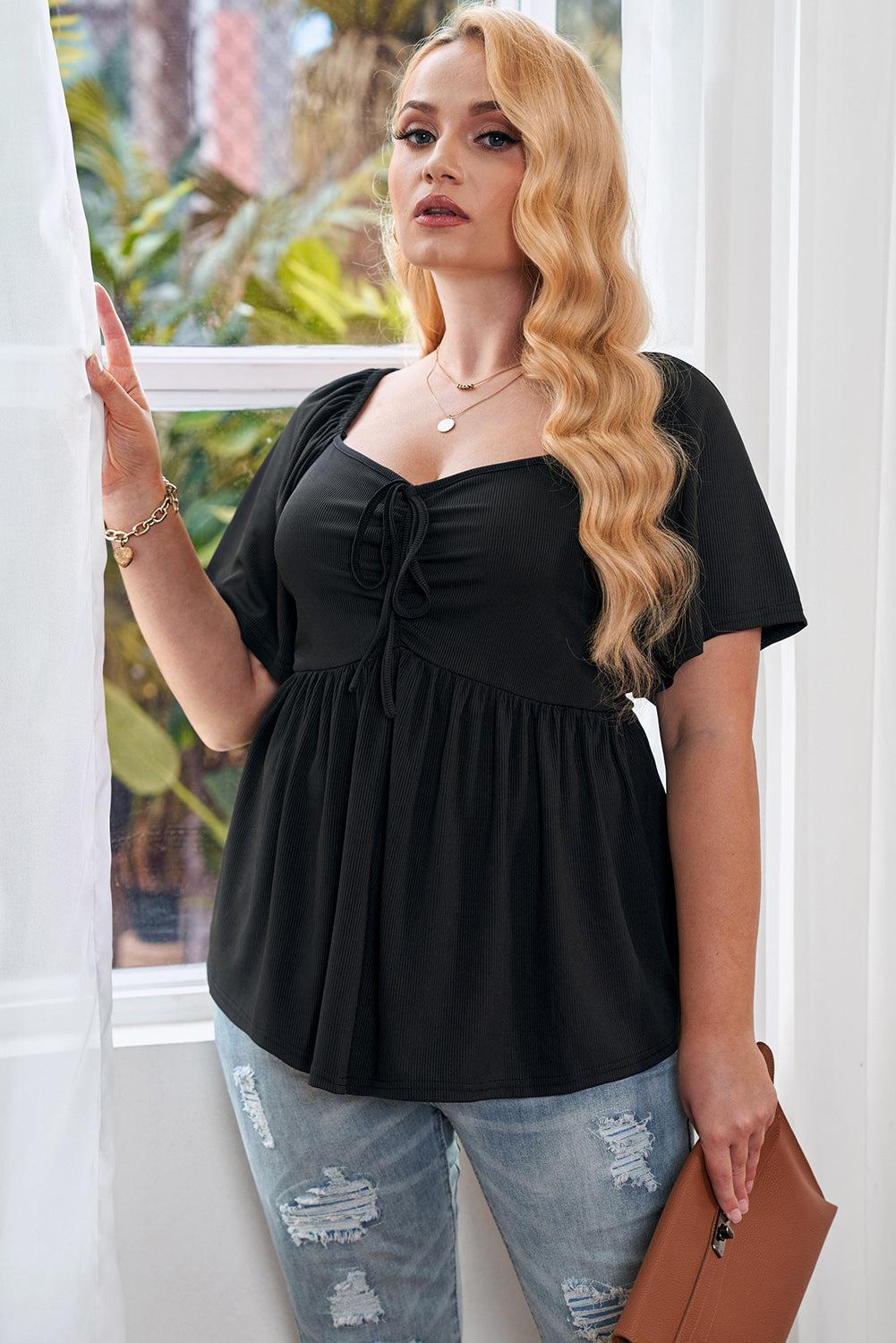 Plus Size Drawstring Sweetheart Neck Babydoll Blouse BLUE ZONE PLANET