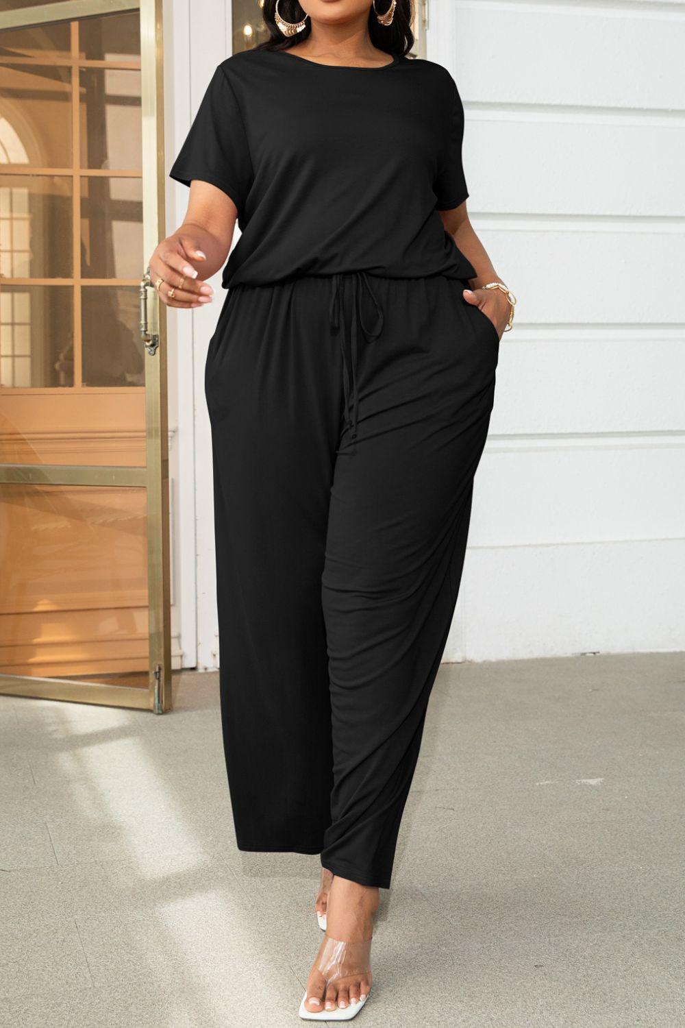 Plus Size Drawstring Waist Short Sleeve Jumpsuit BLUE ZONE PLANET