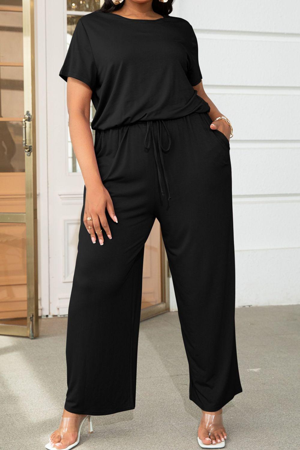 Plus Size Drawstring Waist Short Sleeve Jumpsuit BLUE ZONE PLANET
