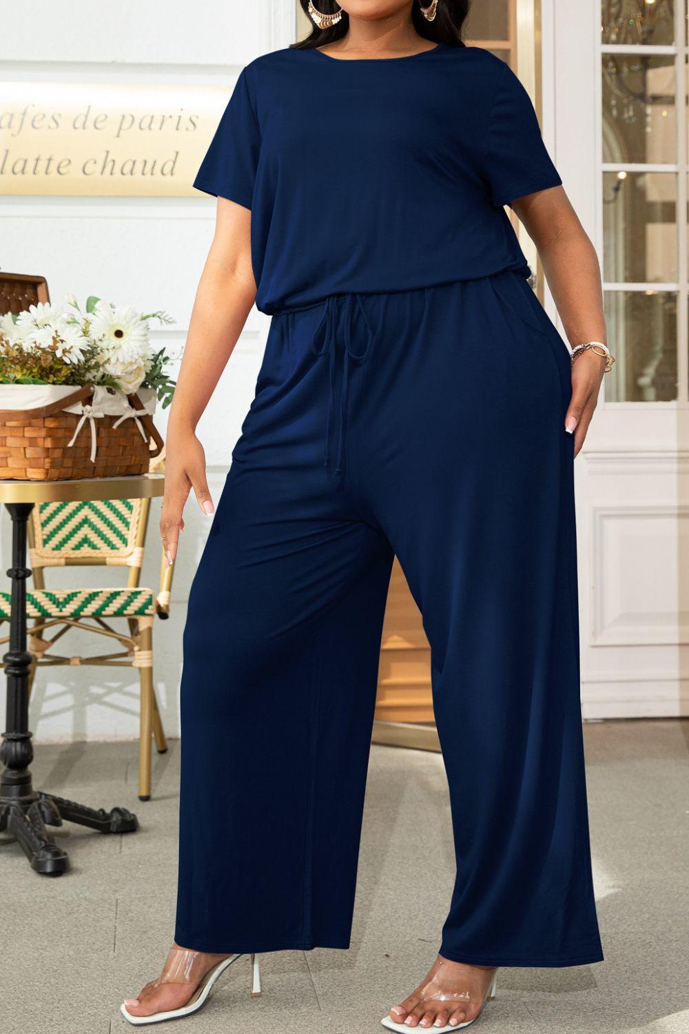 Plus Size Drawstring Waist Short Sleeve Jumpsuit BLUE ZONE PLANET