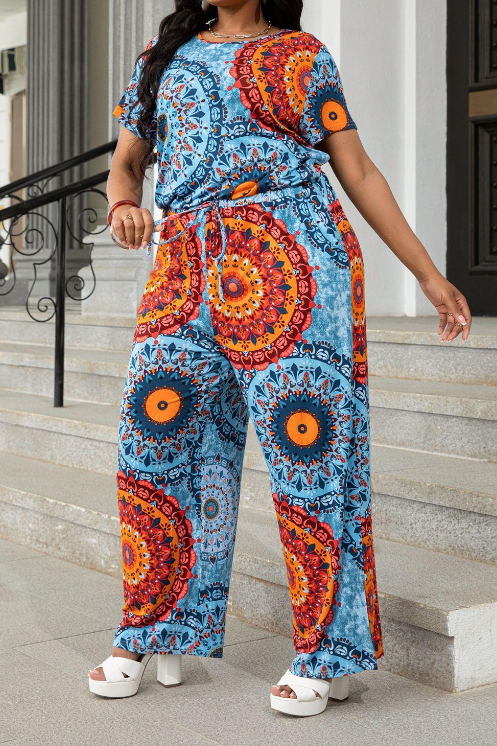 Plus Size Drawstring Waist Short Sleeve Jumpsuit BLUE ZONE PLANET