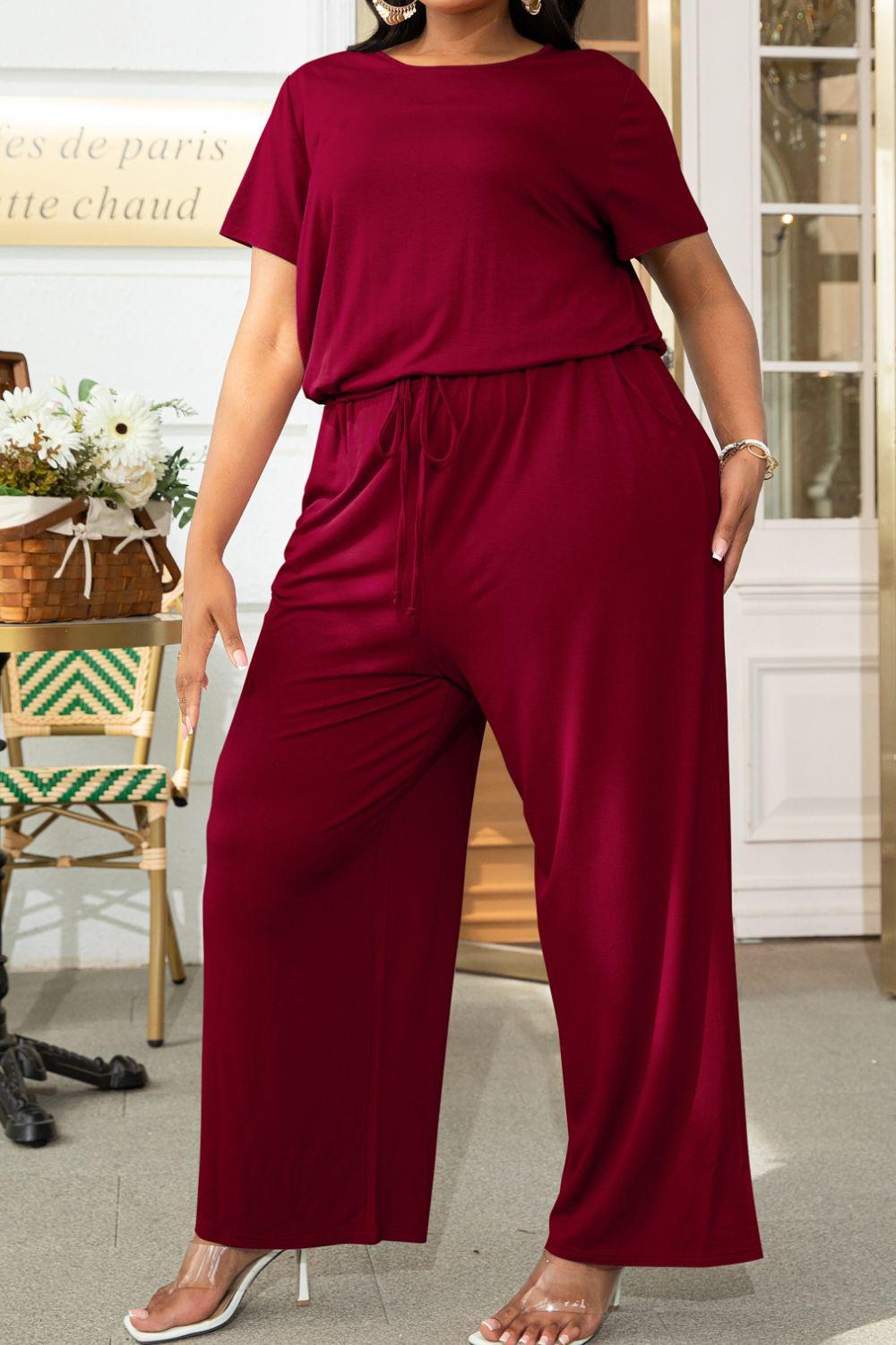 Plus Size Drawstring Waist Short Sleeve Jumpsuit BLUE ZONE PLANET