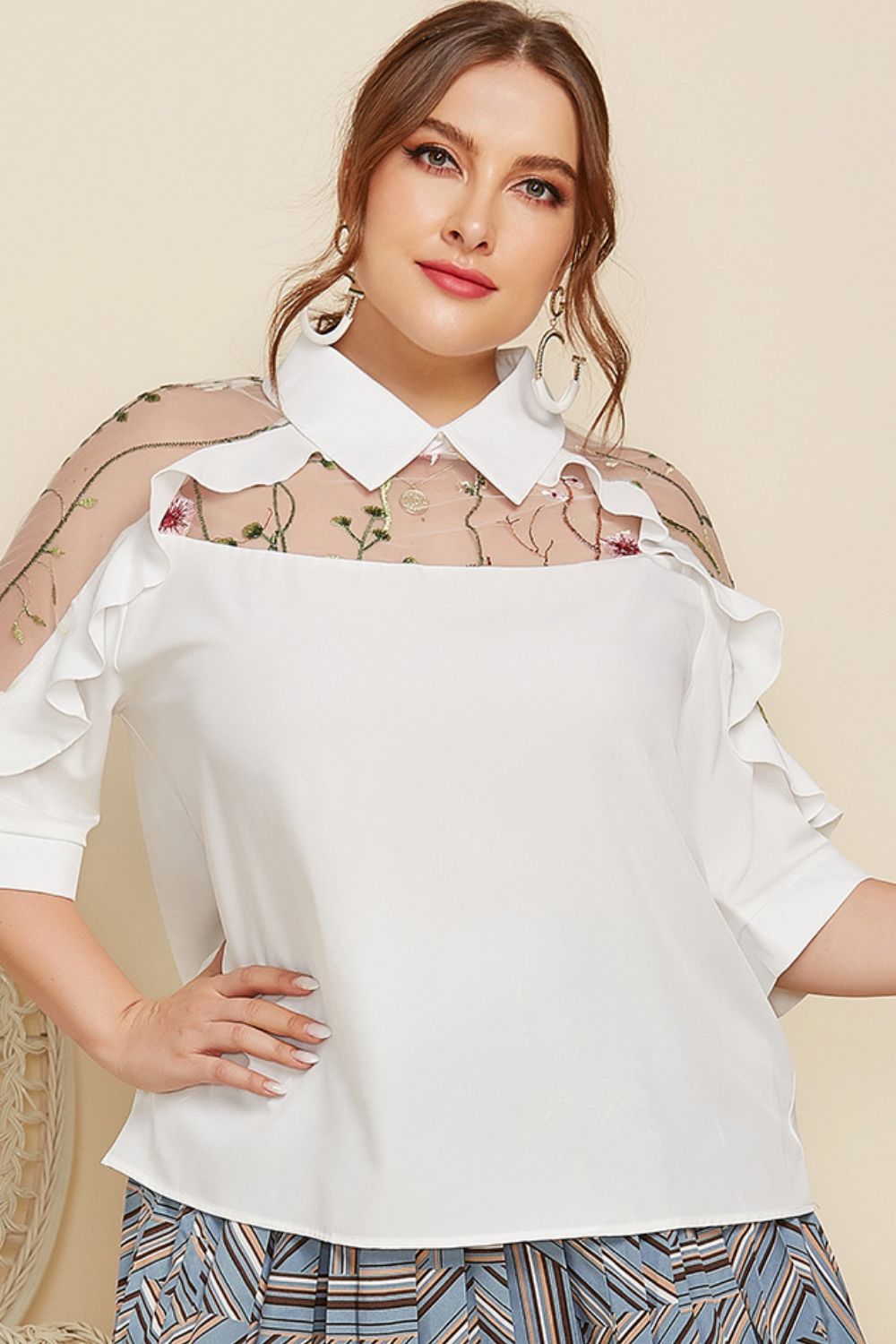 Plus Size Embroidered Ruffle Trim Collared Half Sleeve Blouse BLUE ZONE PLANET