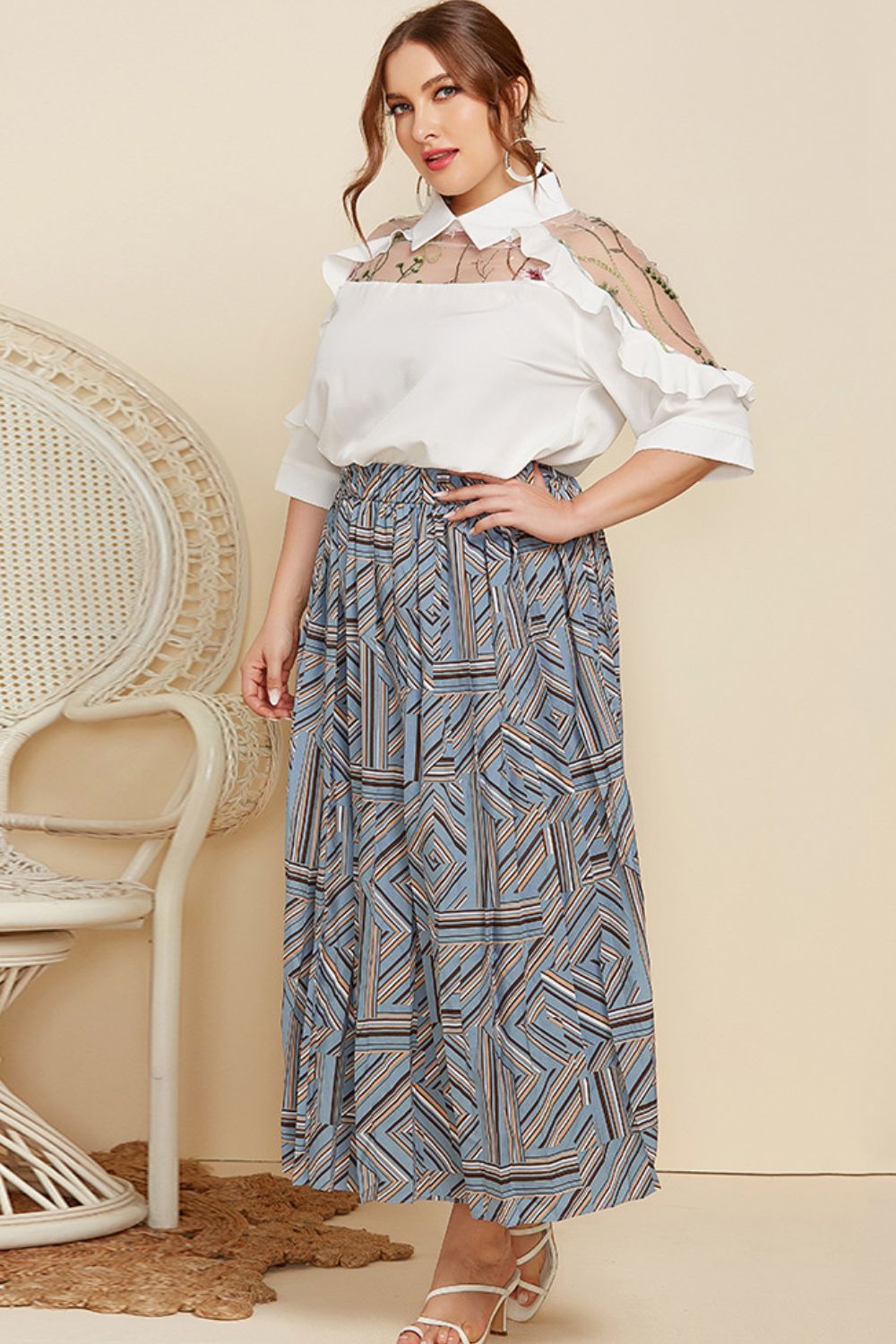 Plus Size Embroidered Ruffle Trim Collared Half Sleeve Blouse BLUE ZONE PLANET