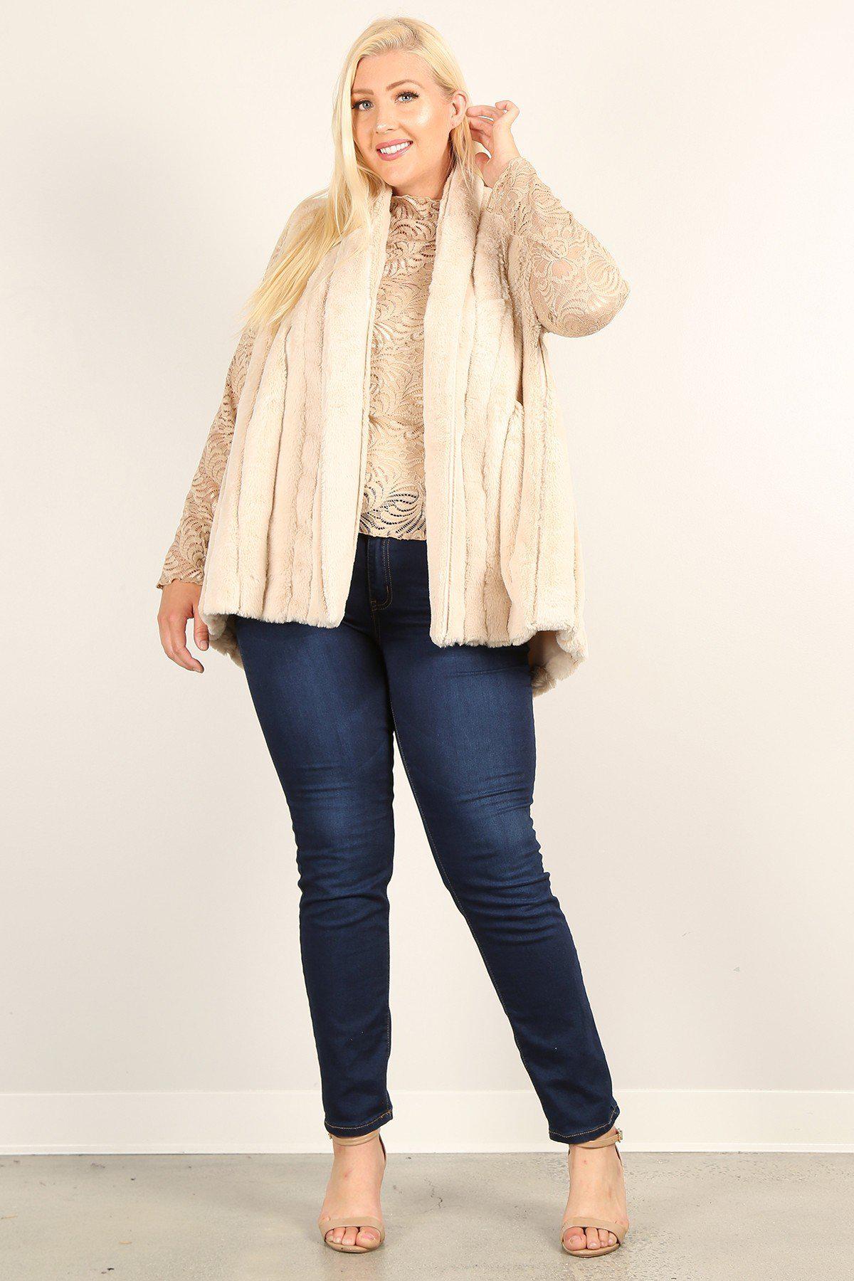Plus Size Faux Fur Vest Jacket With Open Front, Hi-lo Hem, And Pockets Blue Zone Planet