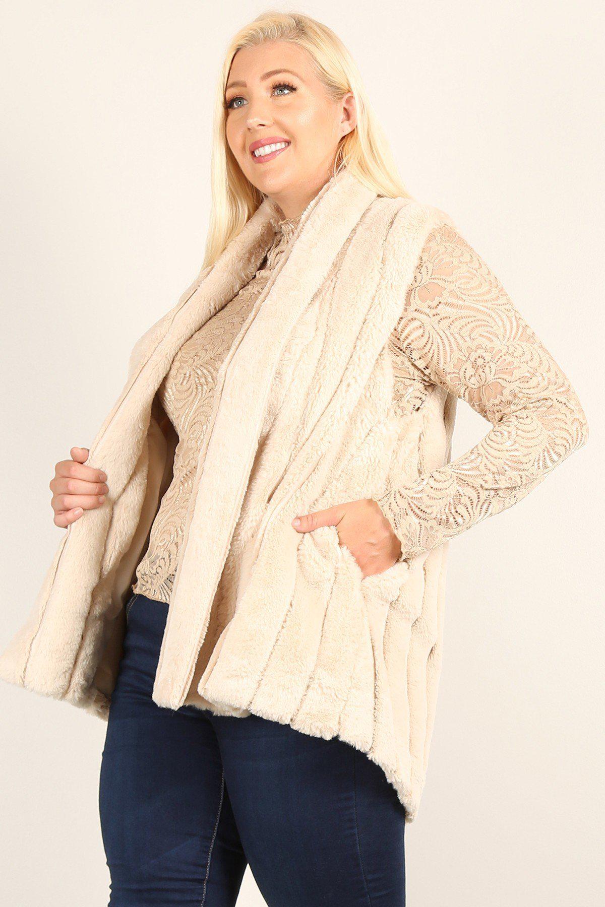 Plus Size Faux Fur Vest Jacket With Open Front, Hi-lo Hem, And Pockets Blue Zone Planet
